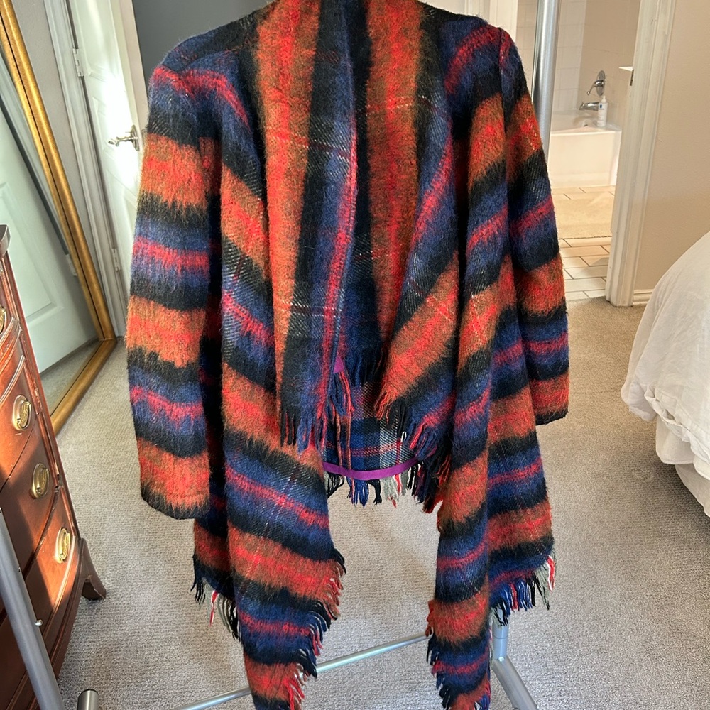 Striped Fringe Mohair-Blend Wrap - Red & Navy